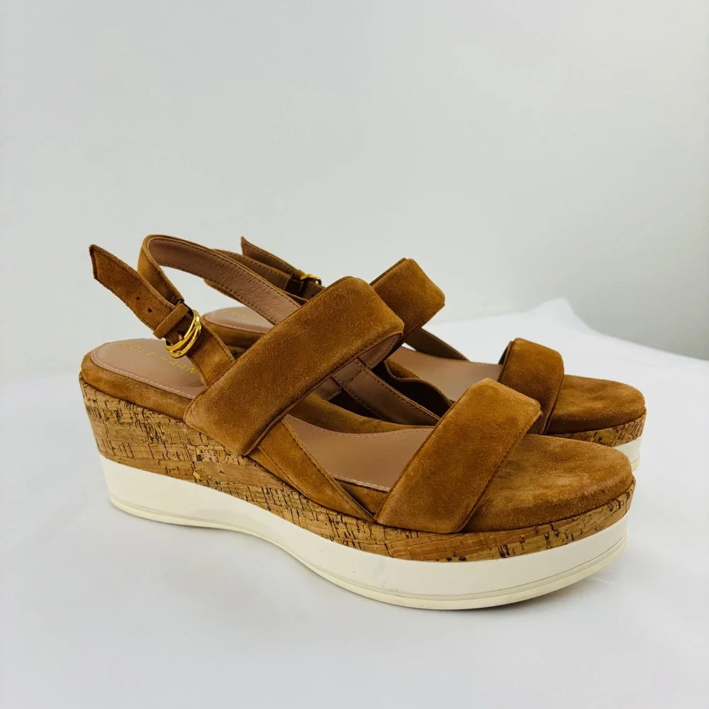 Cole Haan Women's Aislin Wedge Beige Sandal, Pecan Suede/Cork Sz‎ 9.5B